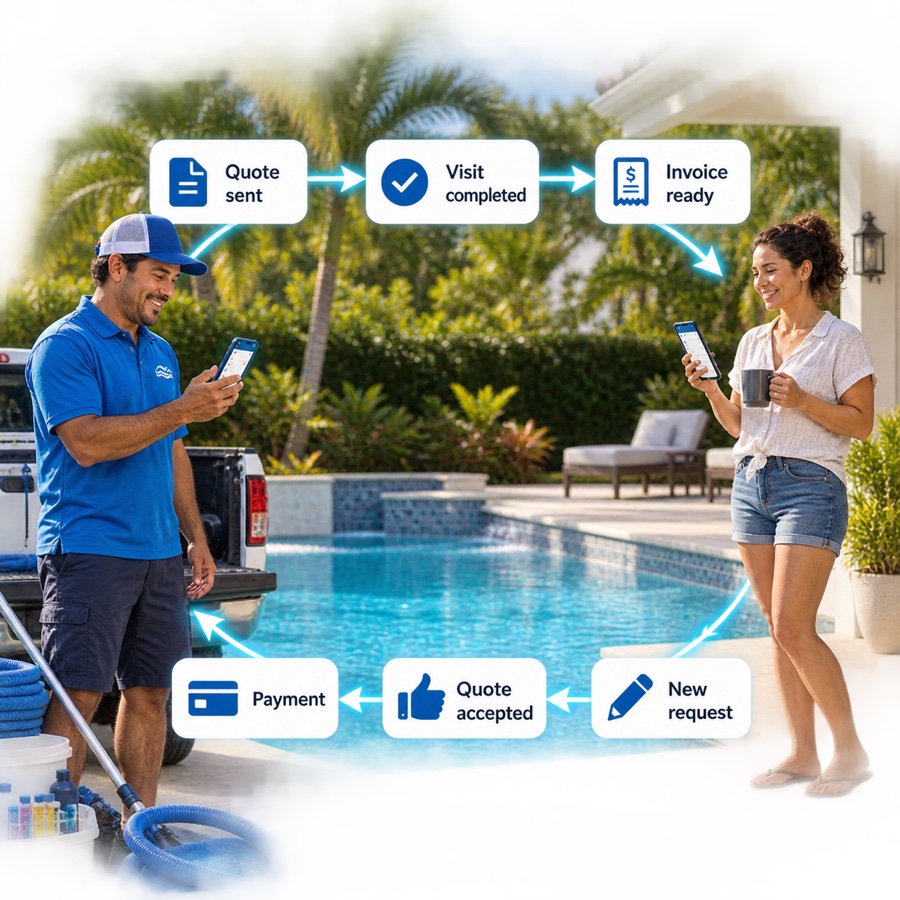 Un piscinero junto a su camioneta y una clienta en el porche de su casa, cada uno con su tel&eacute;fono. Entre ellos, las notificaciones van y vienen: cotizaci&oacute;n enviada, visita completada y factura lista llegan a la clienta; nueva solicitud, cotizaci&oacute;n aceptada y pago recibido regresan al piscinero.
